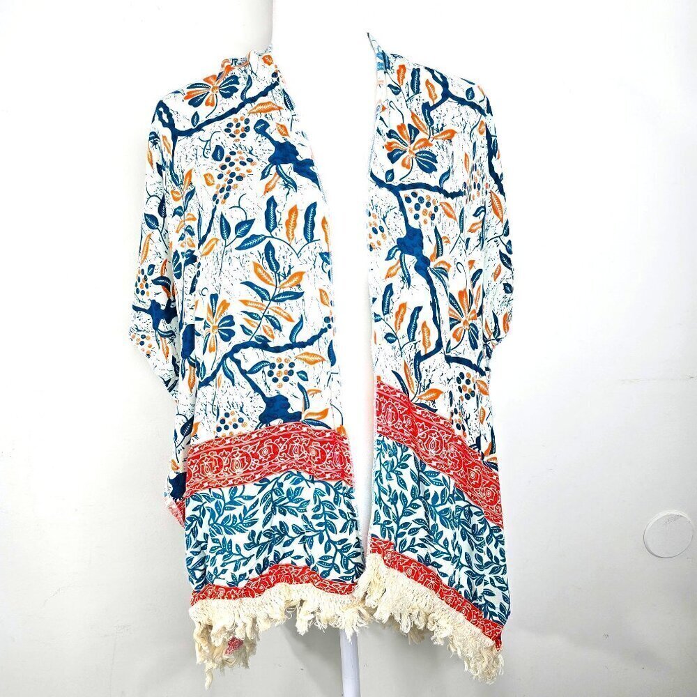 Womens Floral Forest Teal Batik Fringe One Size Kimono Beach Swim Cover Up Tunic